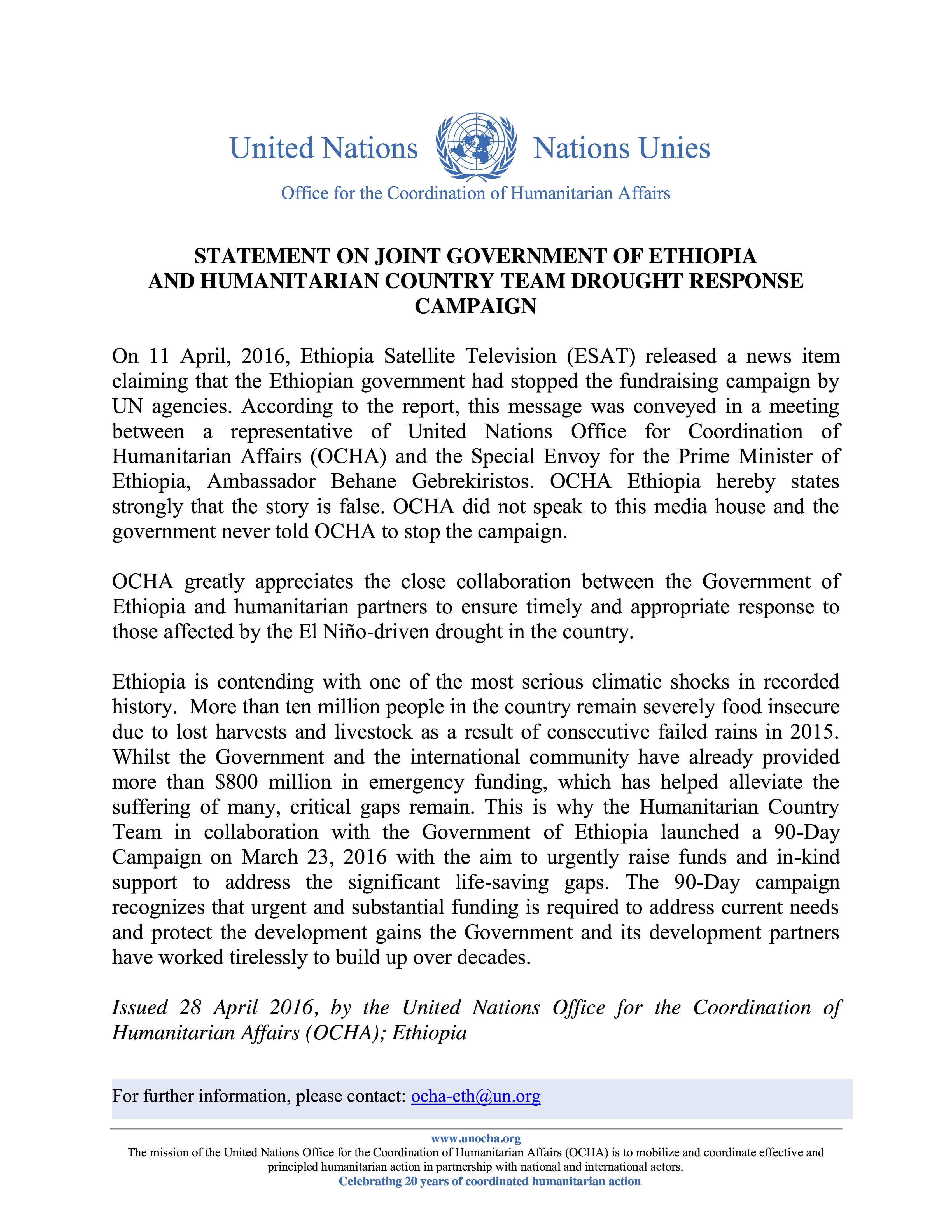 OCHA Statement on Joint Ethiopian Government and Humanitarian Partners Drought Campaign